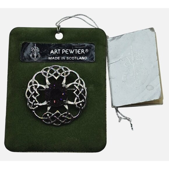 Vintage Celtic Knot Brooch Purple Glass Rhinestone Scottish Art Pewter Pin - Picture 9 of 9